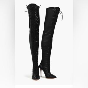 New Gianvito Rossi Amanda stretch black satin lace-up thigh-high boots 36.5
